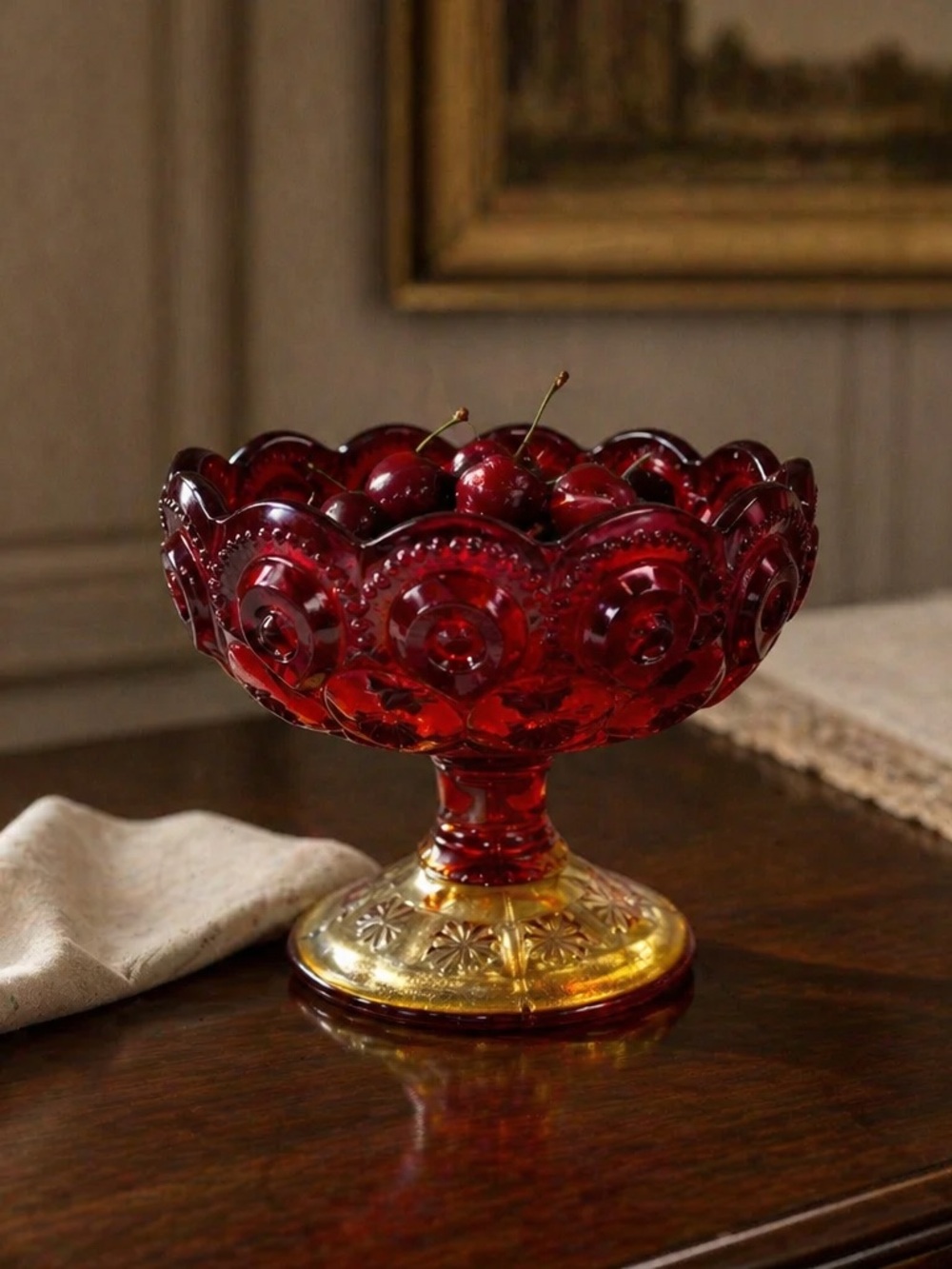 L.E. Smith Amberina Red Moon and Stars Pedestal Ambrina Compote